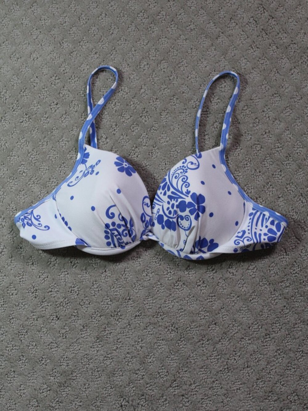 Athena Size 12 Periwinkle Blue White Scroll Patterned Bikini Top Only